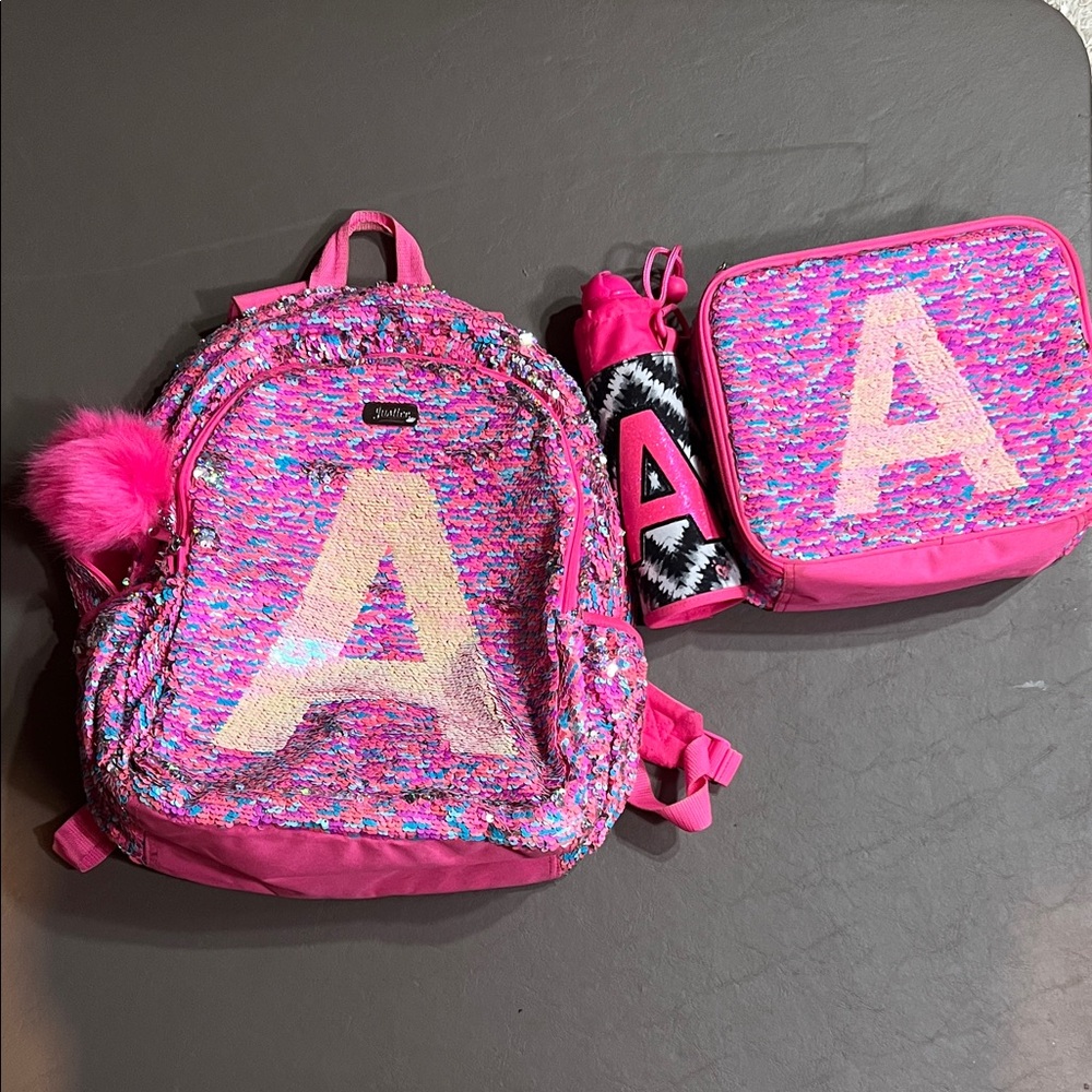 Justice ‘A` Pink and Gold Sequin Backpack and Lunchbox Set